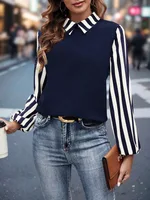 Long-sleeved Striped And Plaid Shirt With A Turn-down Collar - Navy