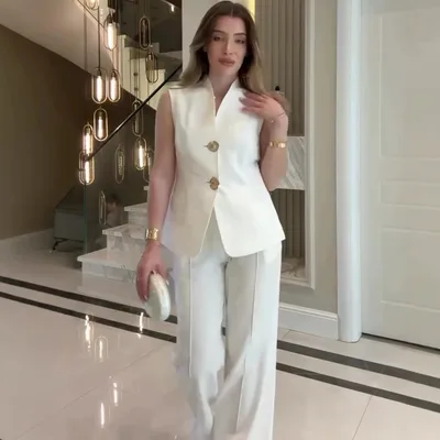 Casual Stylish Sleeveless Business Suit With A Professional Vibeincludes A Blazer And Tailored Trousers White - Shop at LoveMi