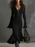 Pleated-collar Flared-sleeve Knitted Mermaid Skirt - Black