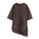 Summer Chic Fashion T-Shirt With A Patchwork Lace Hem - Brown
