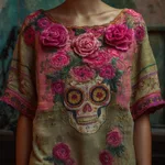V-neck Elegant Artistic And Retro-style Short-sleeve Top - Jxct013-3Xl