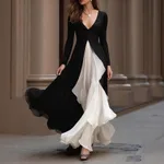 Womens French-style Long-sleeve V-neck Slim-fit Waist-cinching Dress - White