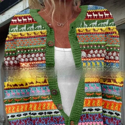 Womens All Match Printed Knitted Faux Sweater Fabric Cardigan For FallWinter 19Color L - Shop at LoveMi