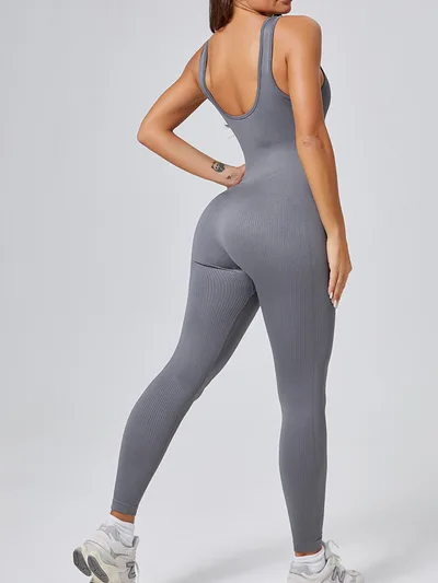 Threaded knit Tummy control Butt lifting Form fitting Breathable U neck Bodysuit Gray - Shop at LoveMi
