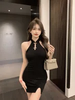 Womens Solid-Color Retro Off-the-Shoulder Slit Bodycon Skirt - Black
