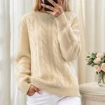 Womens Crew-Neck Solid Color Jacquard Knit Retro Pullover Sweater - Beige