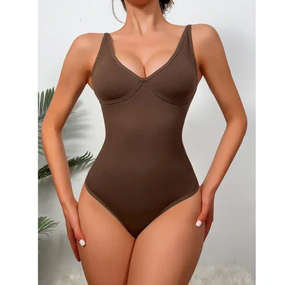 New Deep V Sexy Form fitting Waist cinching Tummy control Bust supporting Seamless Thong Bodysuit Brown - Shop at LoveMi