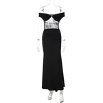 Womens Black Lace Backless Long Bodycon Dress - Black