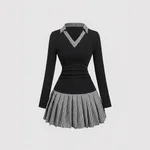 Korean-Style Preppy Striped Patchwork Two-Piece-Look Dress - Mixed Color-M