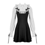 Gothic Dark Cute Lace Black And White Long-sleeved Dress - Black