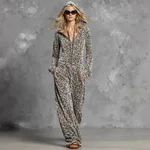 Velvet Look Leopard Print Loose Fitting Wide Leg Jumpsuit With A Hood - Leopard