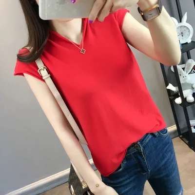 Womens Cotton linen V neck Short sleeve T shirt In Solid Colors Red - Shop at LoveMi