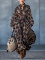 Loose-fitting Plus-size Womens Patchwork Cotton-linen Plaid Dress - Picture Color-2Xl