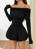 Womens Solid-Color One-Shoulder Long-Sleeve Ruffle Dress - Black