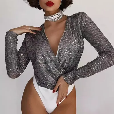 Fashionable And Sexy Beaded Long sleeve V neck Bodysuit Gray - Shop at LoveMi