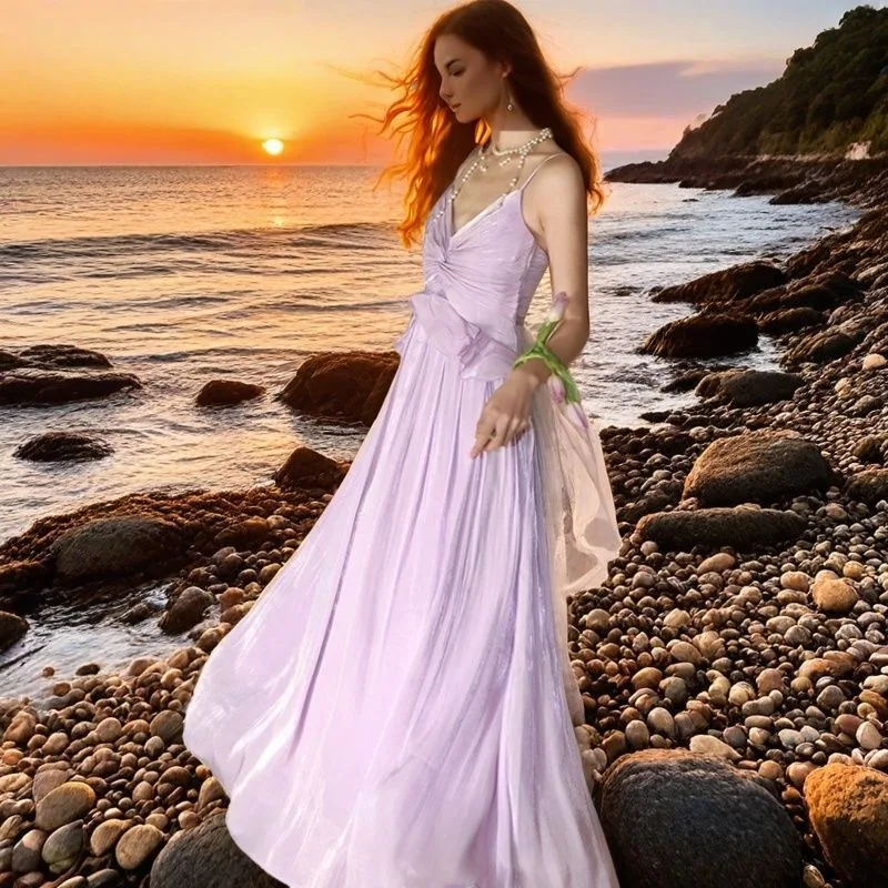 Slimming Niche design Beach Dress For Seaside Vacations Violet M - Shop at LoveMi