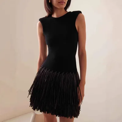 Stylish Sleeveless Crew Neck Party Tassel Off Shoulder Dress For Women Black - Shop at LoveMi