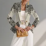Elegant And Sophisticated Printed Knit Womens Jacket With A Lapel Neckline - Khaki