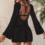 Womens Solid-Color Casual Loose Hollow-Out Knitted Long-Sleeve Dress - Black