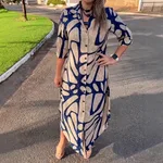 Womens Stylish And Elegant Striped Long-Sleeve Cardigan Long-Button Front Dress - Blue