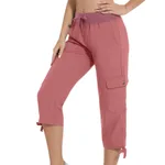 Womens Workwear Cropped Pants With Pockets And Elastic Waistband Stylish And Casual - Red