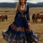 Bohemian-style Long-sleeve Maxi Dress With A Flowy Silhouette And A Vibrant Print - Style 2-M