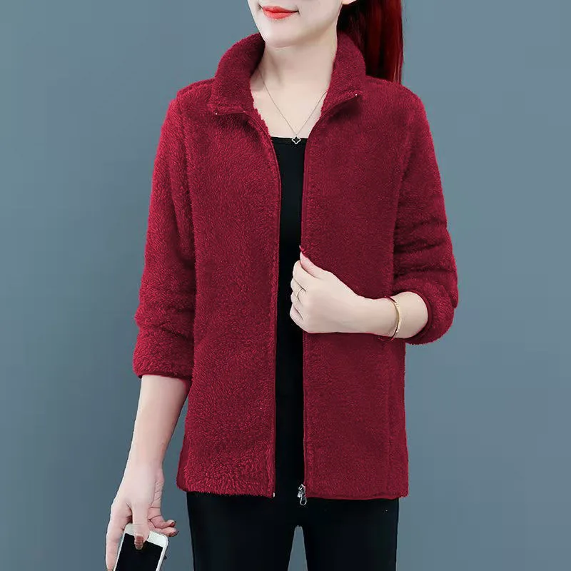 Womens Fashionable Loose-fitting Plus-size Fluffy Coat - Red