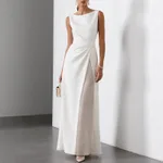 European And American-style Pleated Solid-color Patchwork Sleeveless Long Dress With A Round Neck - White