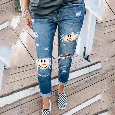 Halloween funny print ripped denim stretch jeans Blue - Shop at LoveMi