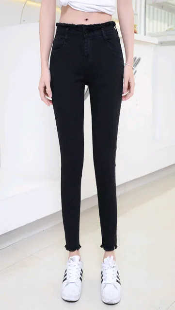 spring new high waist jeans female raw edge nine points trousers split fork pants female student pants Black - Shop at LoveMi