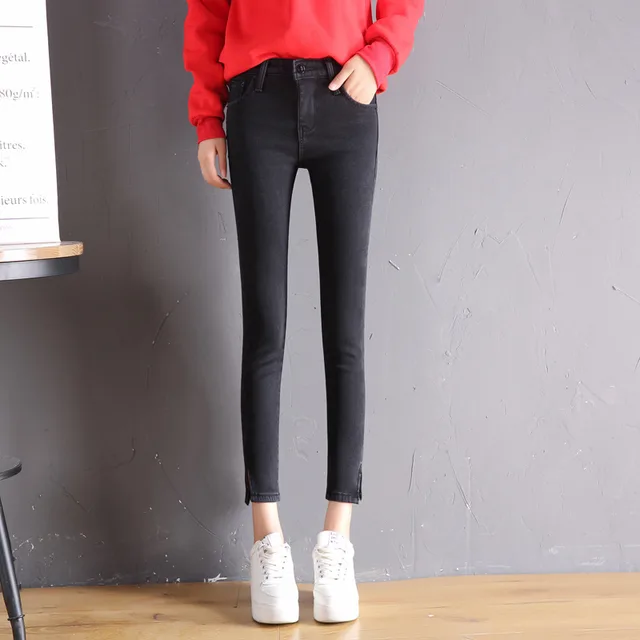 spring new high waist jeans female raw edge nine points trousers split fork pants female student pants Black2 - Shop at LoveMi