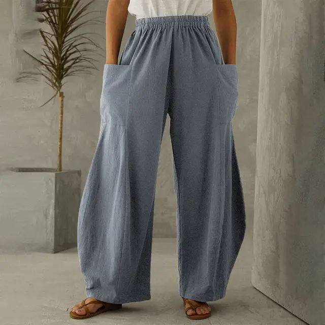 Solid Color Cotton Elastic Waist Pocket Flared Pants Grey - Shop at LoveMi