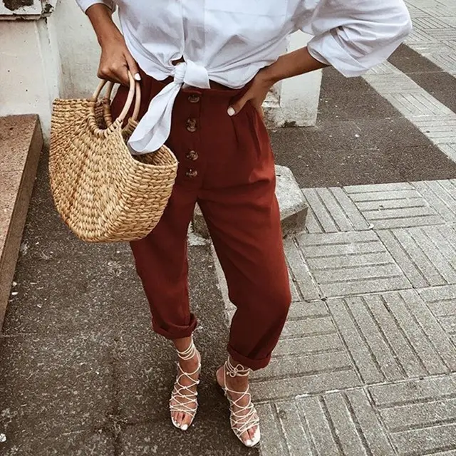 Vintage loose high waist casual harem trousers Brown - Shop at LoveMi