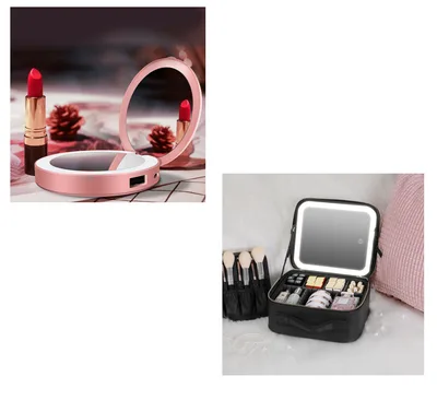 Charging treasure makeup mirror with light Pink Black Set - Shop at LoveMi
