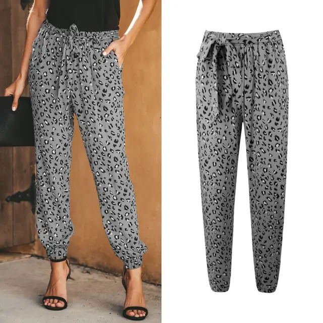 Leopard print loose lace up slacks Grey - Shop at LoveMi
