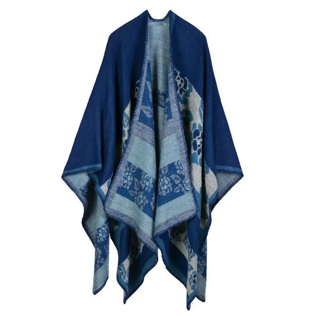 Autumn And Winter Scarf Wild Plaid Ladies Travel Shawlimitation Cashmere Ethnic Wind Split Thick Cloak Flower Navy - Shop at LoveMi