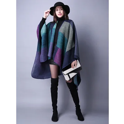 Autumn And Winter Scarf Wild Plaid Ladies Travel Shawlimitation Cashmere Ethnic Wind Split Thick Cloak Purple - Shop at LoveMi