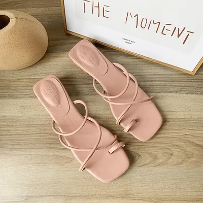 Square head thin belt thick heel slippers Pink - Shop at LoveMi