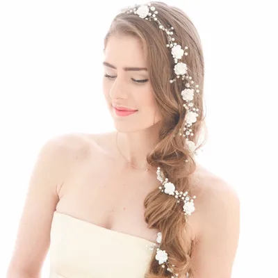 Bride's wedding photo building with makeup handmade pearl white flowers and long soft chain hair chain 1 meters 1 Default - Shop at LoveMi