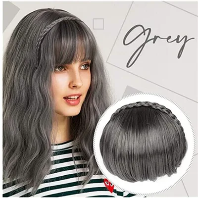 Twist Double Braid with Bangs and Chemical Fiber Bangs Headband Grey - Shop at LoveMi