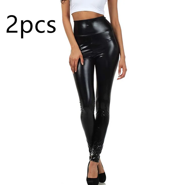 Bright Leather Women's High Waist Pants Black 2Pcs - Shop at LoveMi