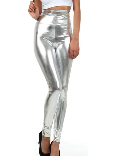 Bright Leather Women's High Waist Pants Silver - Shop at LoveMi