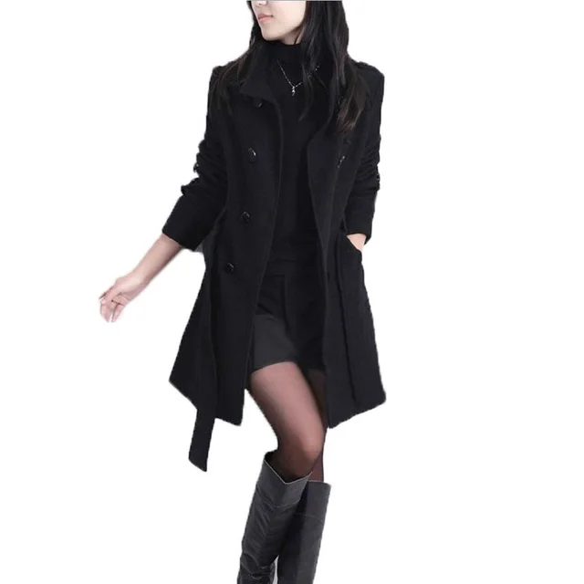 Korean Style Slim Waist Plus Size Woolen Mid length Woolen Coat Black - Shop at LoveMi