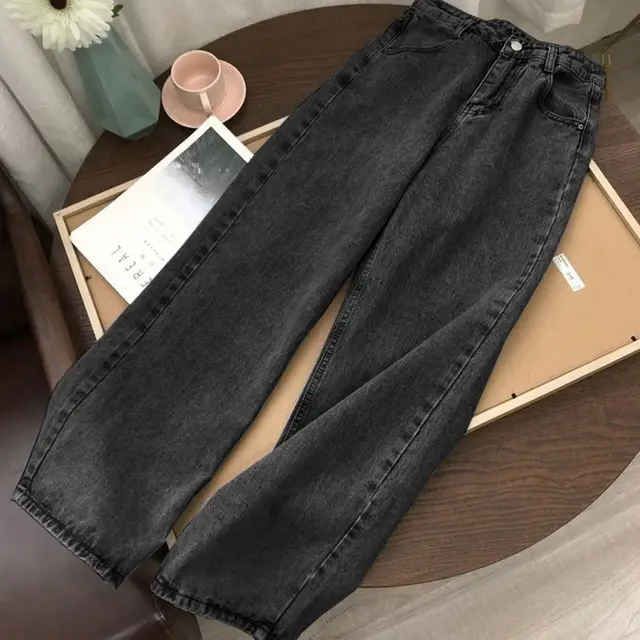 Women's straight leg high rise washed jeans Black - Shop at LoveMi