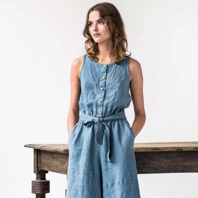Cotton and linen button cropped jumpsuit Light Blue - Shop at LoveMi