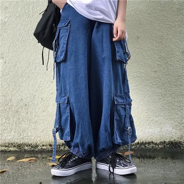 Drawstring feet look thin lazy style tooling pocket jeans Blue - Shop at LoveMi