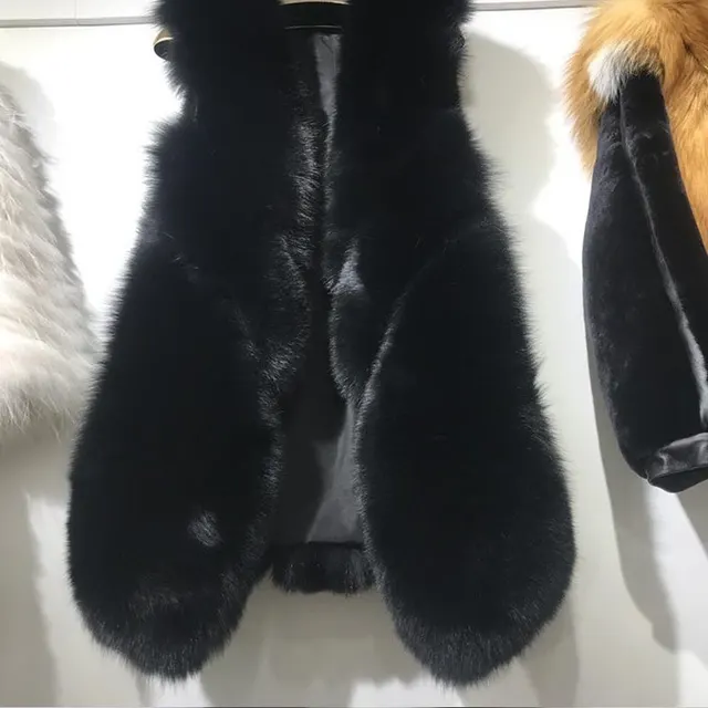 Fashion Mid length Faux Fox Plush Vest Fur Coat Black - Shop at LoveMi