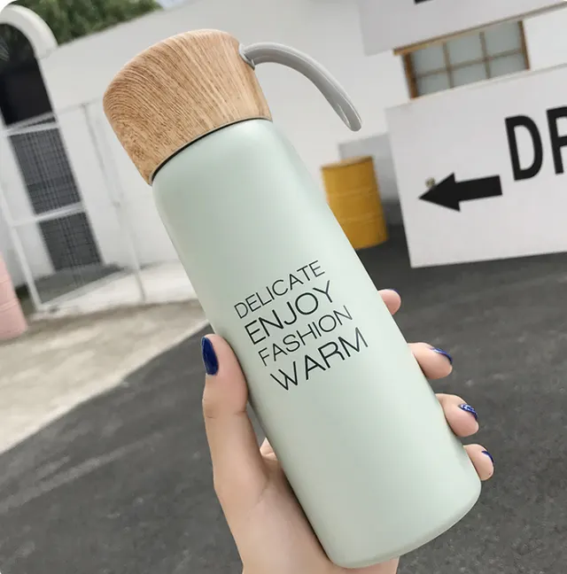 Portable Water Cup Student Creative Wood Grain Lid Handle Thermos Green - Shop at LoveMi