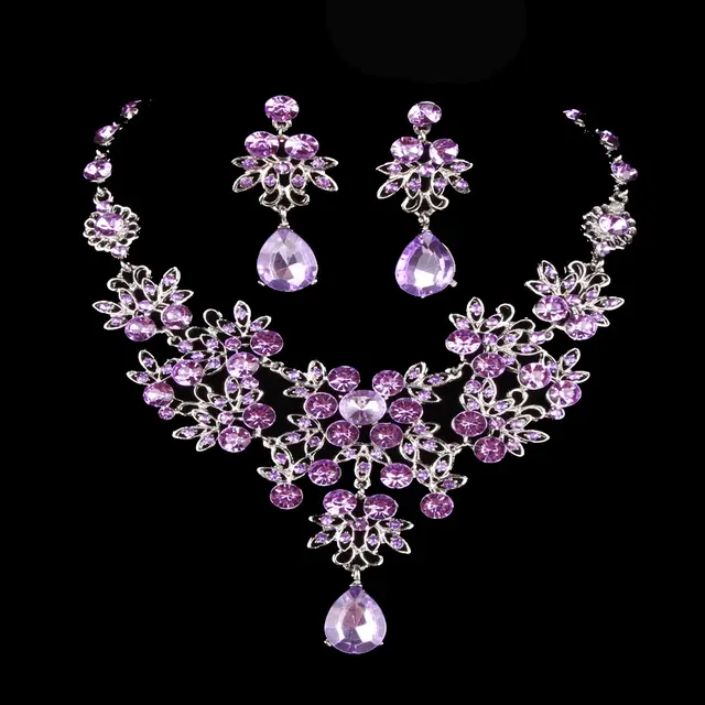 Butterfly Big Water Drop Necklace Earring Set Wedding Purple - Shop at LoveMi