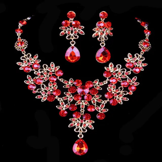 Butterfly Big Water Drop Necklace Earring Set Wedding Red - Shop at LoveMi